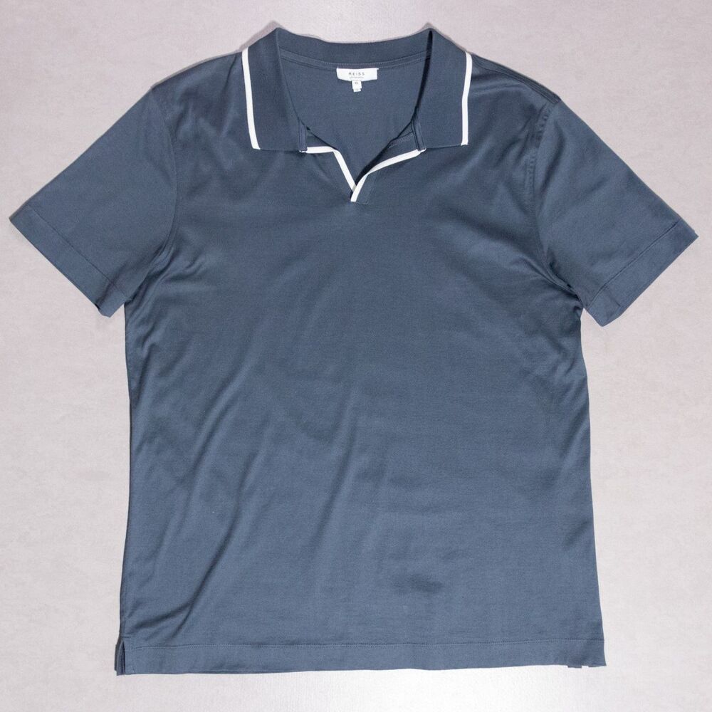 REISS Murphy Egyptian Cotton Johnny Collar Short Sleeve Polo XL Blue (21.5x29)